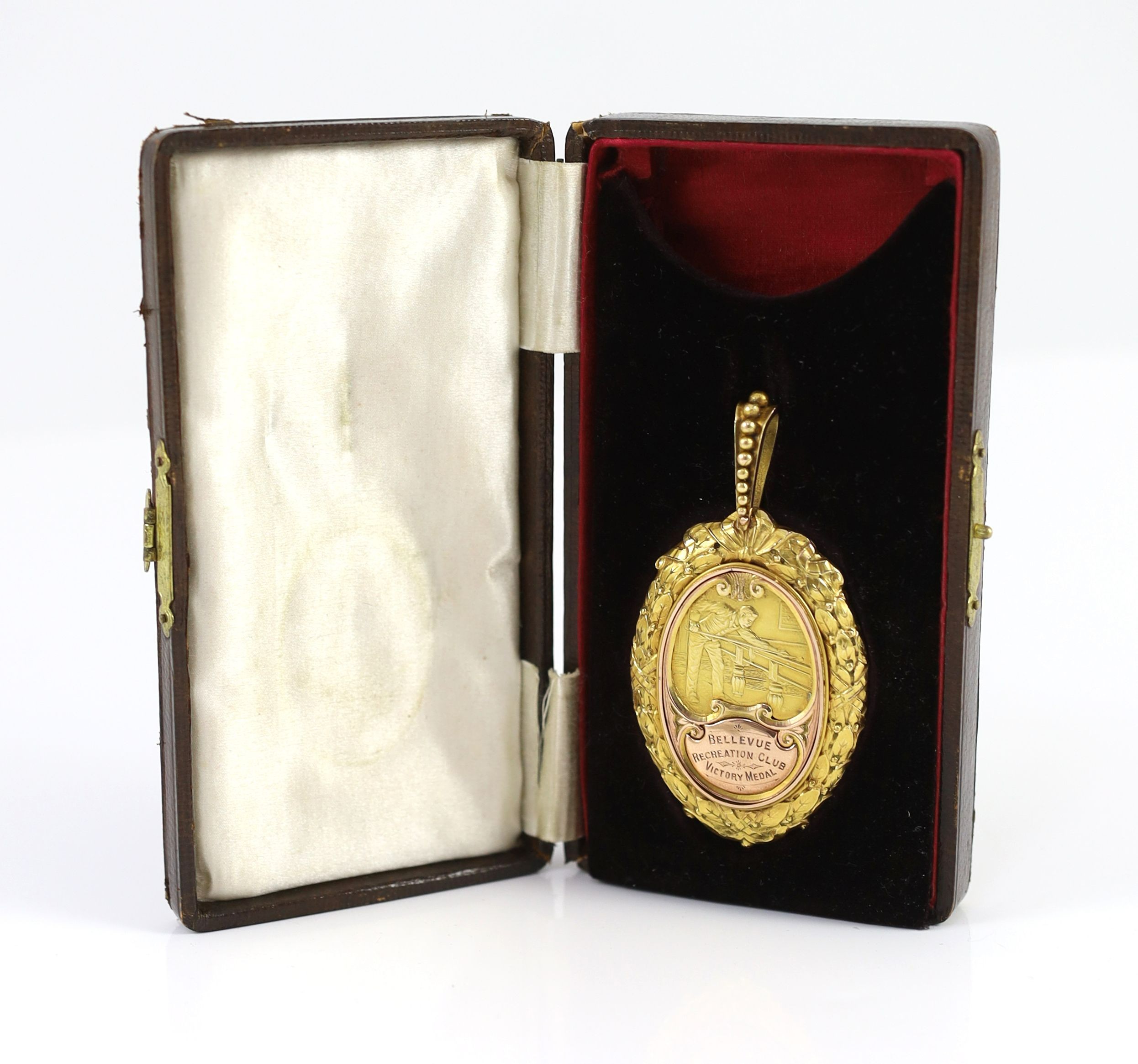 A George V two colour 9ct gold presentation snooker medal 'Bellevue Recreation Club Victory Medal'